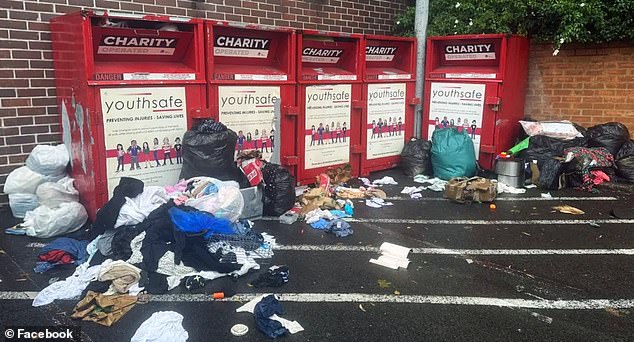 Now that the bins were full, the dumpers decided to leave bags of donations on the site, but the heavy rain destroyed the items inside