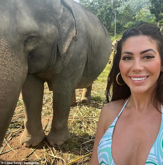 The former Geordie Shore star donned a blue patterned bikini for a trip to Elephant Kingdom Sanctuary on Koh Samui