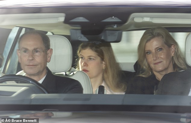 Lady Louise Windsor, 20, joined her parents, the Duke and Duchess of Edinburgh, as they, along with Princess Anne, led the arrivals at Windsor Castle - where King Charles and Queen Camilla will welcome extended family members for a festive turkey lunch today