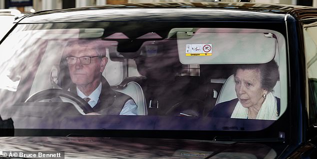 They were closely followed by the Princess Royal, 73, dressed in a chic emerald green ensemble as she was driven by her husband Tim Laurence, 68.