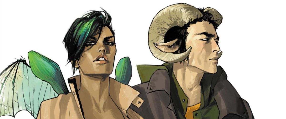 Alana and Marko, the adult protagonists of Saga.  Alana has brown skin and translucent green insect wings, while Marko has the pointed ears and curly horns of a mountain ram.  From the cover of Saga #1, Image Comics (2012).