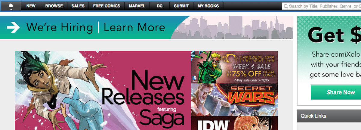 A screenshot of the classic Comixology storefront, showing new releases like Saga and sales on Convergence and Secret Wars. 