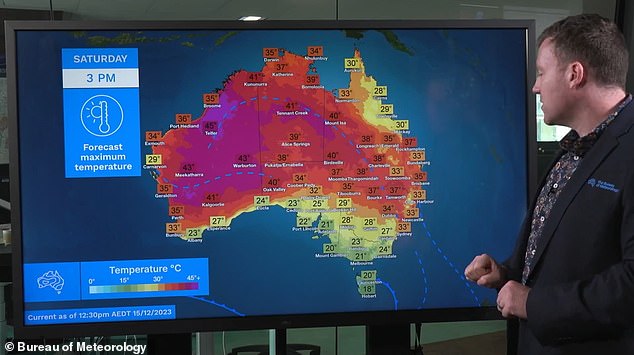 Meanwhile, a heatwave is set to swelter most of Australia this weekend (Photo: Temperatures across Australia on Saturday afternoon)