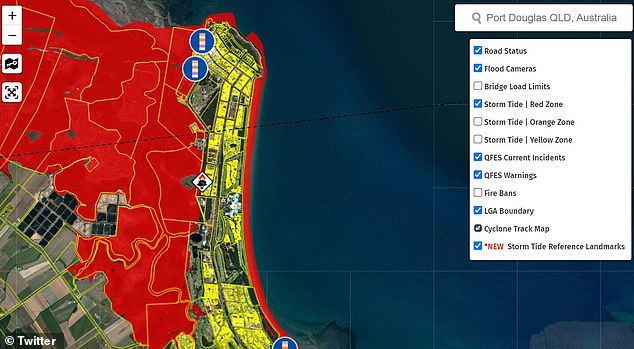 The city of Port Douglas has been identified as a possible 'red zone' in the event of significant tidal waves as a result of the cyclone.  The dotted line shows the path of the cyclone