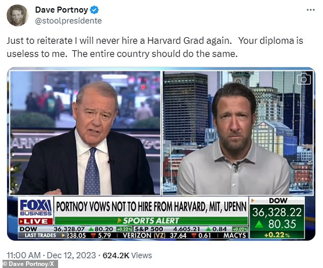 Barstools Sports founder Dave Portnoy doubled down on his pledge to never hire another Harvard graduate after the Ivy League board pledged its support for President Claudine Gay