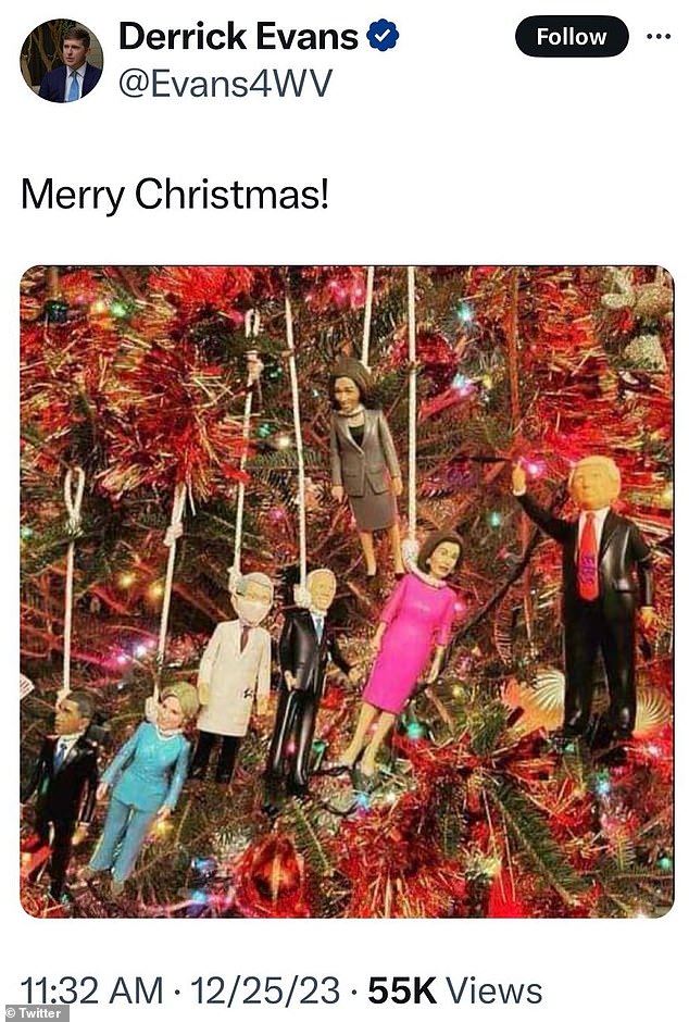 Disgraced former lawmaker Derrick Evans posted this disturbing photo of President Joe Biden and other Democrats being lynched in a Christmas tree on Christmas morning