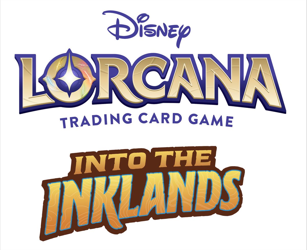 The logo for Lorcana: Into the Inklands;  the font for Into the Inklands resembles a topographical map.