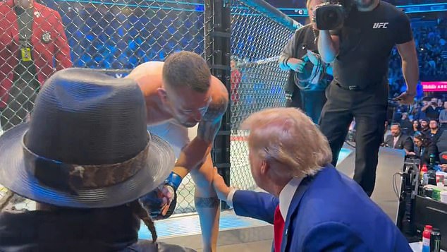 Donald Trump (right) gave some final words of wisdom to Colby Covington at UFC 296