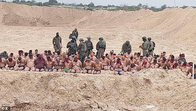 One image shows dozens of Palestinian men stripped to their underwear as Israeli soldiers stand guard