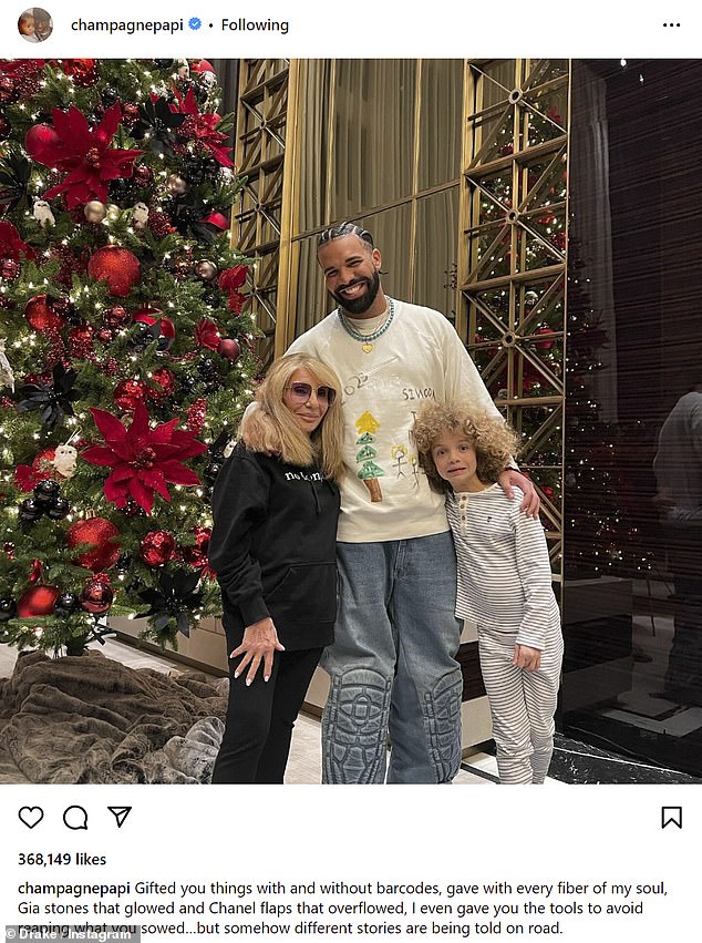 Drake posted to his Instagram a photo of himself wrapping his arms around his adorable 6-year-old son Adonis and his beautiful 63-year-old mother Sandi Graham.