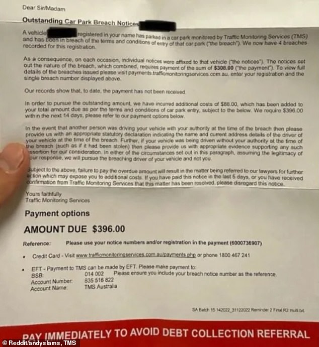 An Adelaide driver received a collection referral notice (above) from Traffic Monitoring Services for $396