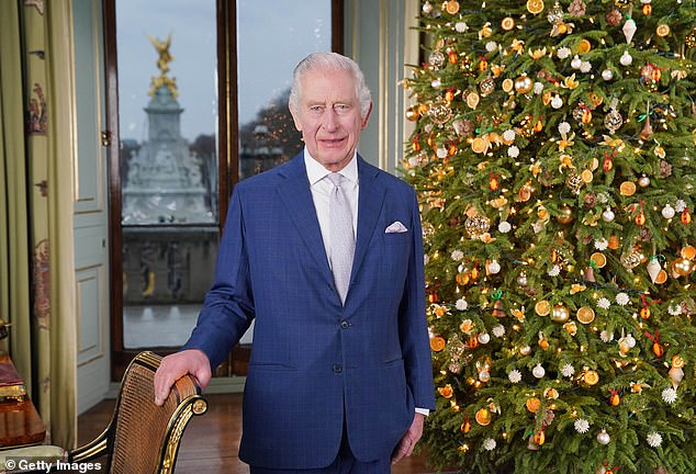 King Charles has long been a supporter of green causes and will use his platform to make a timely point about more sustainable living for the millions of viewers tuning in.  Pictured: King Charles poses during the recording of his Christmas message on December 7