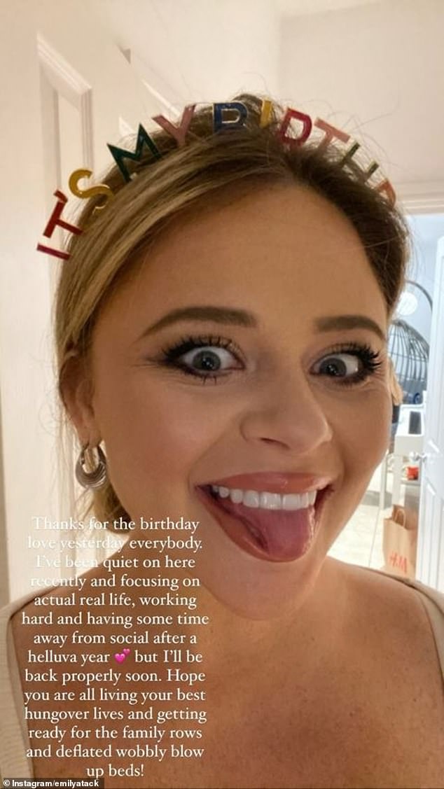 Emily Atack, 34, said she's quitting social media because she wants to take some time to 