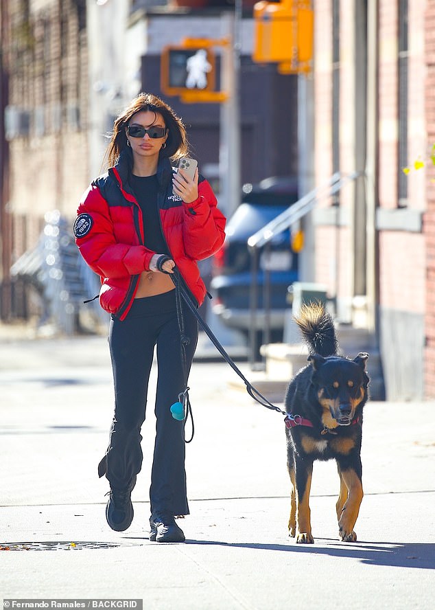 Emily Ratajkowski showed off her figure in a black crop top with matching bottoms, adding a red and blue puffy jacket on Tuesday