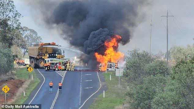 The fire brigade arrived on scene and found the water truck completely engulfed in flames