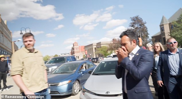 This is not the first time that Ramaswamy has faced unhinged targeting from critics.  In October, a young driver rammed his car into Ramaswamy's rental car during a stop in Grinnell, Iowa (pictured)