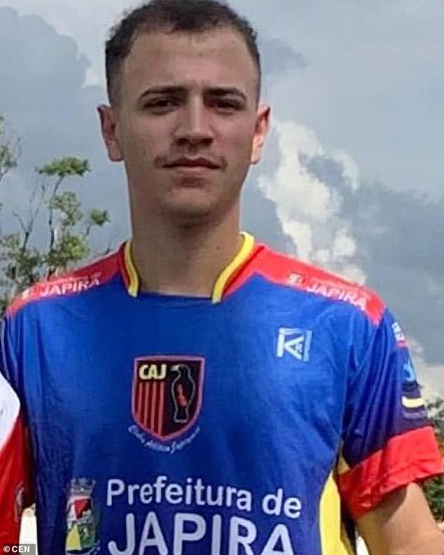 Caio Henrique de Lima Goncalves, 21, (pictured) was playing for his Uniao Jaiirense team in a cup match in the southern state of Parana when he was shocked by a lightning strike on Sunday