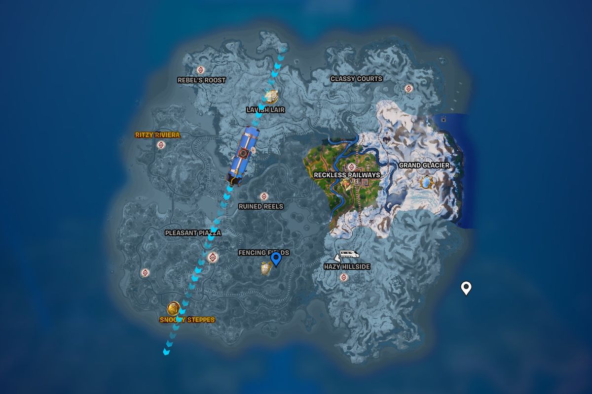 A map of the Fortnite Season 5 island with the battle bus overhead.