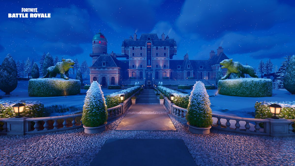 A grand mansion in Fortnite.  It is lined with manicured hedges and a stone walkway.