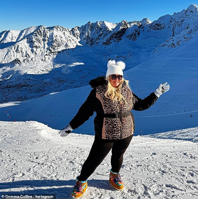 She turned heads on the icy slopes as she donned a distressed belted ski jacket, which fitted snugly around her waist, with a leopard print faux fur hood, worth £120, from Asos