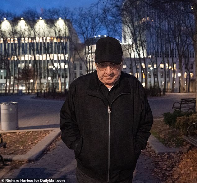 86-year-old Genovese crime family mobster Anthony Romanello was convicted of racketeering by a federal jury in Brooklyn on Monday.  He is pictured outside the courtroom on Monday looking somber