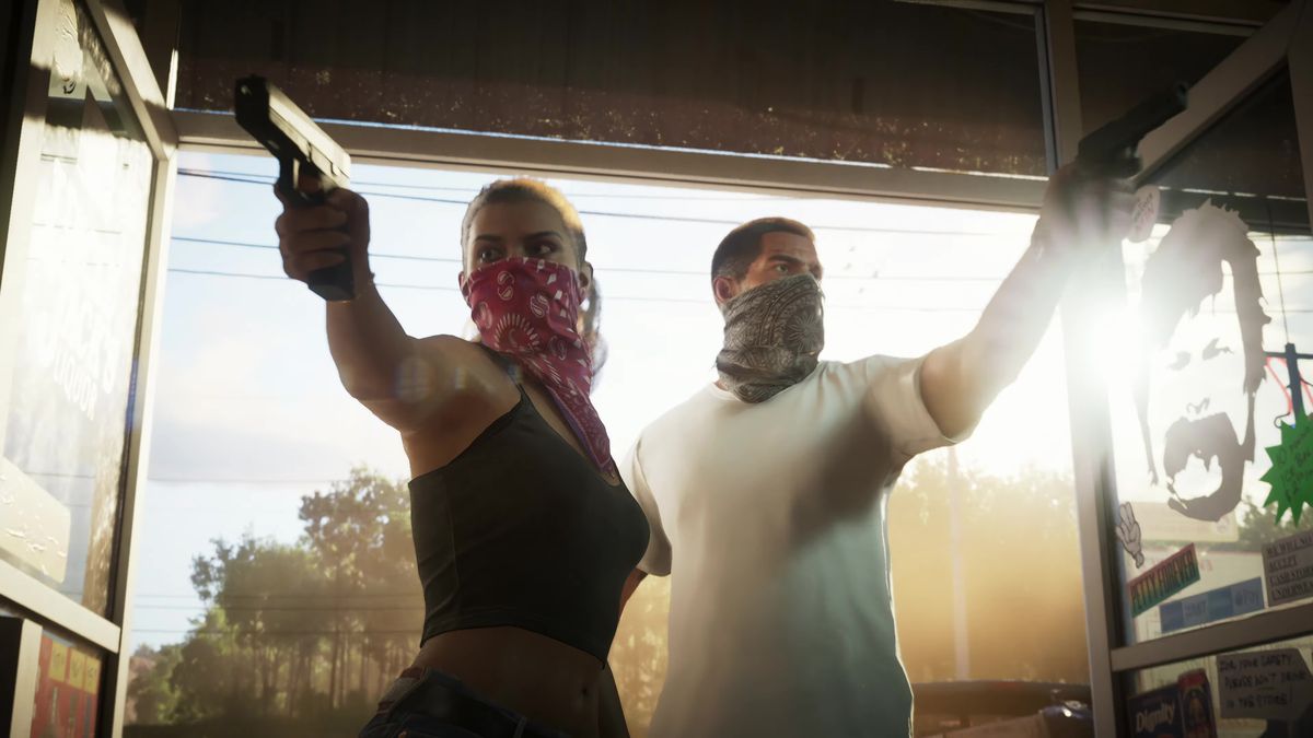 Grand Theft Auto 6 co-protagonists Lucia and Jason, wearing leggings over their faces, burst into a supermarket and pointed guns in Grand Theft Auto 6