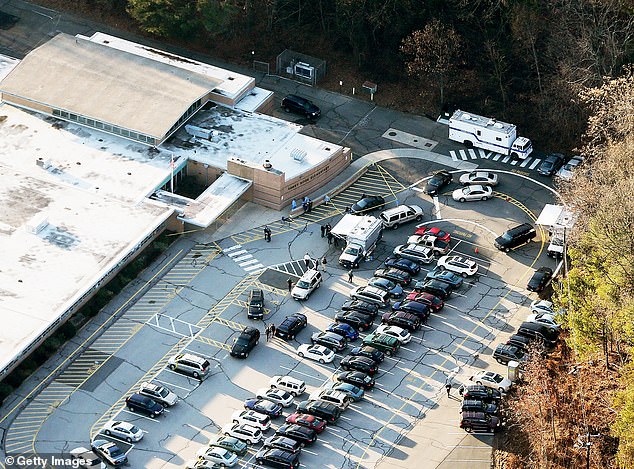 The ad was released Thursday, the 11th anniversary of the Sandy Hook Elementary School shooting that left 26 women and children dead.  Pictured is Sandy Hook Elementary School in Newtown, Connecticut, which was later demolished after the massacre