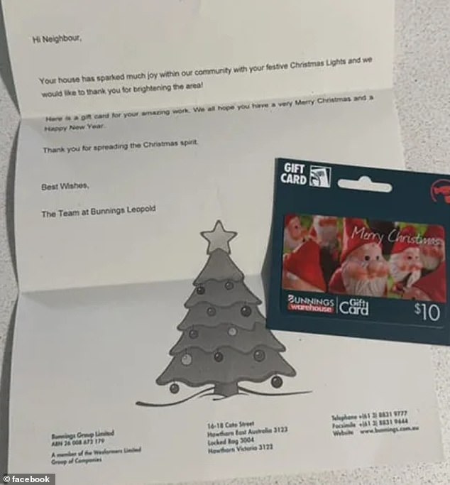 A woman discovered a letter from her local Bunnings store in Gawler, South Australia, on her doorstep, containing a $10 gift card