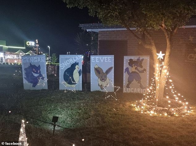 A young boy has been left shattered after his Christmas light decorations were destroyed by a group of vandals (pictured shows his handmade Pokemon decorations)