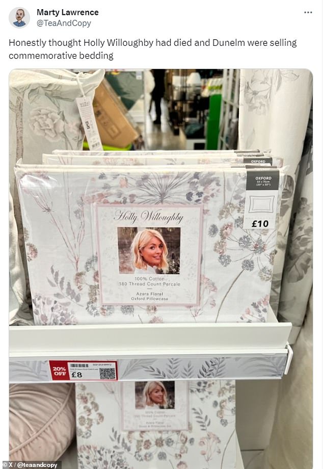 The presenter launched her third range of bedding for the retailer in February, and the floral design caused one user to joke that it looked like a 'commemorative piece'.
