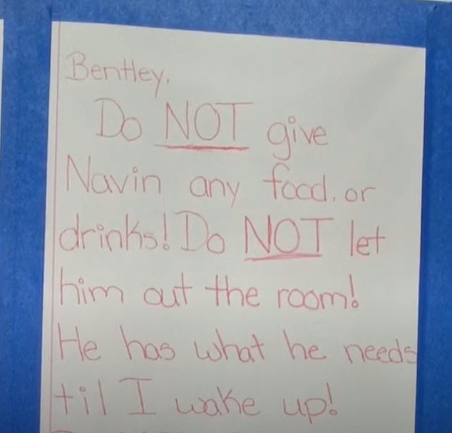 There was a note on Navin's bedroom door: 'Do not give Navin food or drink.  Don't let him leave the room.  He has what he needs until I wake up'