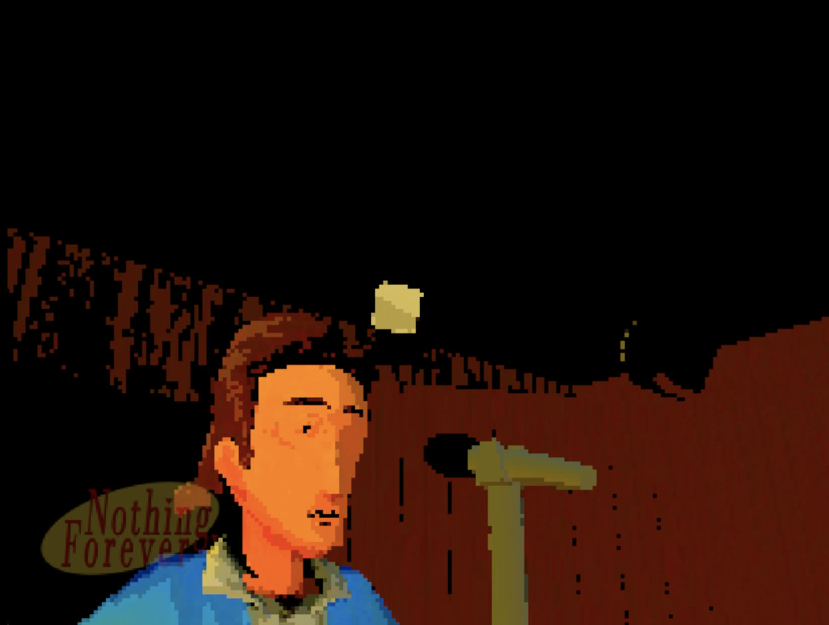 An image of a Jerry Seinfeld-like character.  The character is rendered in thick 3D pixels and there is a mock watermark in the bottom left corner that reads 'Nothing Forever'.