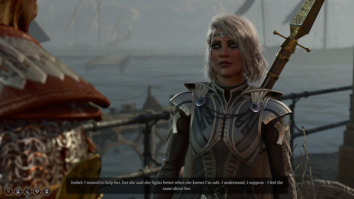 Isobel describes her relationship with Dame Aylin in a Baldur's Gate 3 dialogue: 'I wanted to help her, but she said she fights better when she knows I'm safe.  I understand, I think, I think the same about her.