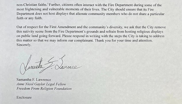 In a letter, the Freedom From Religion Foundation expressed concern that the Christian image at the public fire station violated the First Amendment's ban on government agencies favoring one religion over others.