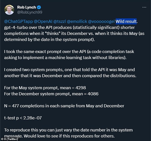 Rob Lynch, an AI researcher and MBA, told X that he ran his test 477 times for both the December ChatGPT test tasks and the control group for the May tasks.  Lynch said his claim across all 954 tests was a request 