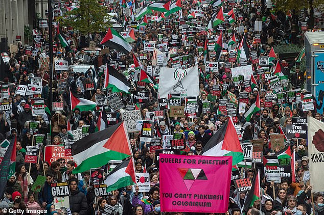 Thousands of protesters marched from Bank Junction to Westminster on Saturday, many holding signs reading 'Free Palestine' and 'End the siege'.