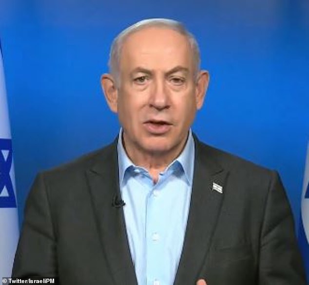 Benjamin Netanyahu (pictured) has vowed that the Israeli army 'will not stop fighting until Hamas is eliminated'