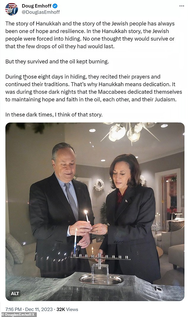 Witness how Doug delivers when it comes to the stories and principles of our shared faith – Judaism.  (Above) Since deleted message from Second Gentleman Doug Emhoff on the night of December 11, 2023