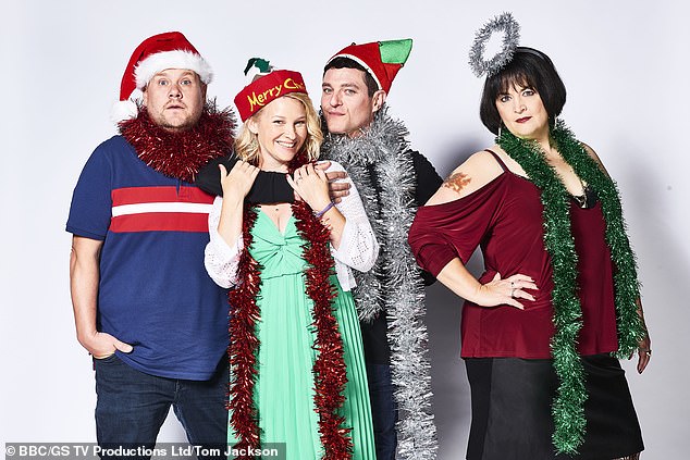 Last month, James sparked speculation that another Gavin and Stacey reunion could be on the cards after he was spotted walking with co-writer Ruth Jones in London (pictured by James, Joanna Paige, Mathew Horne and Ruth in 2019)