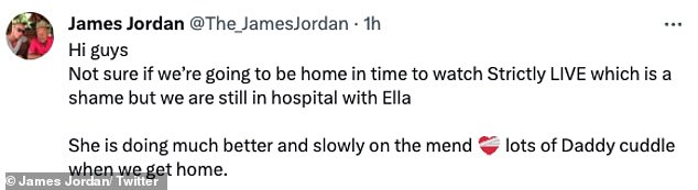 He then explained how her condition was thankfully improving and said: 'She is doing much better and slowly recovering, lots of daddy cuddles when we get home'