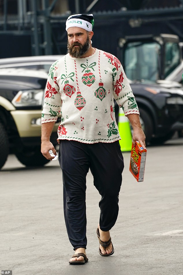 Jason Kelce wore a Christmas sweater and slippers as he entered Lincoln Financial Field