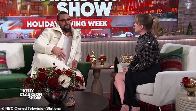 Jason Momoa was a guest on Monday's The Kelly Clarkson Show and his reenactment of straddling a CGI beast for the film included a twirling motion that had the audience screaming in delight