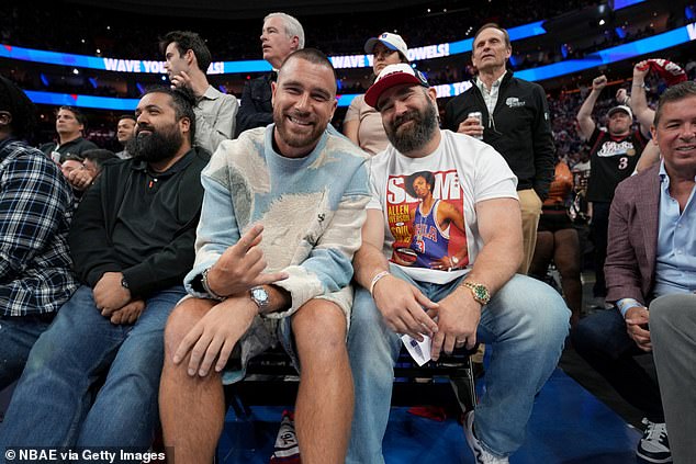 Travis Kelce and Jason Kelce attend a Celtics-76ers playoff game in Philly in May 2023