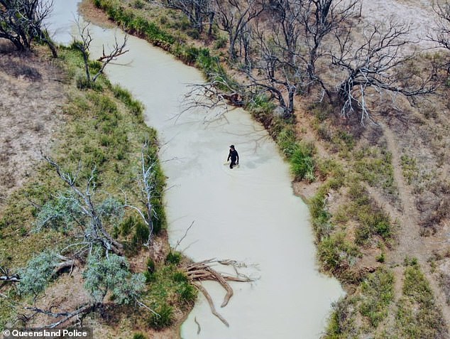 The group - which said they hunt pigs in the remote area - claims Mr Rivers went swimming alone in Wippo Creek (photo: an officer searching the creek)