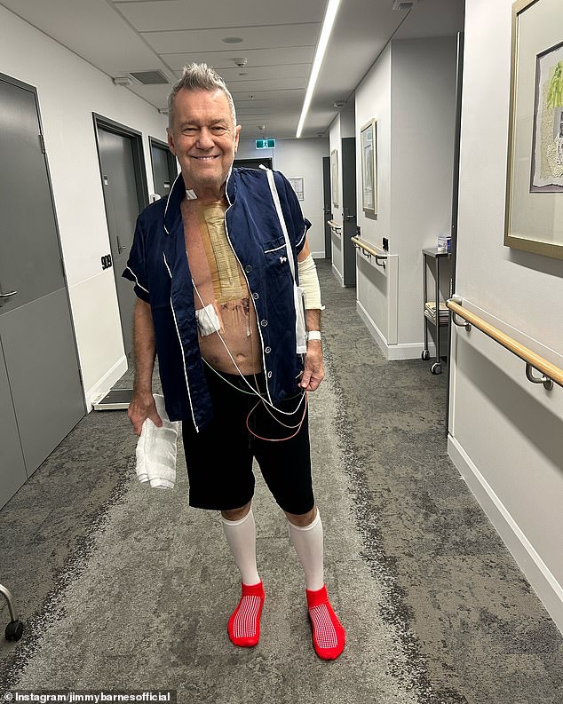 Jimmy Barnes (pictured) is already out of bed after undergoing open heart surgery this week.  “Day three after surgery we took a few walks down the hall,” one Instagram post read