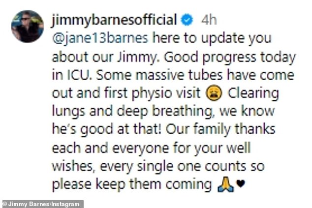 'Jane is here to inform you about our Jimmy.  Good progress today in the ICU.  “We've had some huge tubes come out and the first visit to the physio,” she began