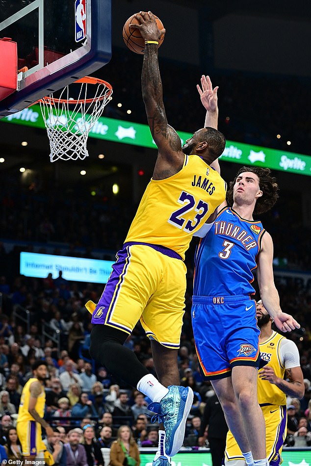 Lebron James dove over troubled OKC Thunder guard Josh Giddey in the second quarter