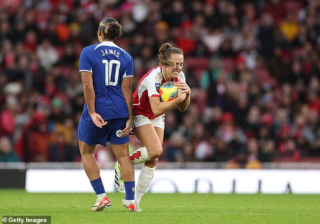 Lauren James was shown a yellow card last weekend for stamping on Arsenal's Lia Walti during the Blues' 4-1 defeat to the Gunners