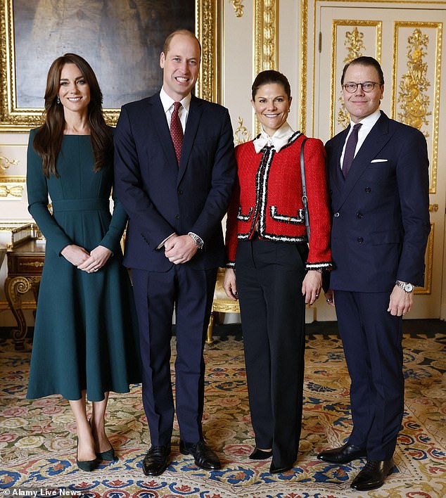 Kate wore the teal version of the Emilia Wickstead 'Kate' dress to welcome the Queen of Sweden and her husband to Windsor Castle yesterday