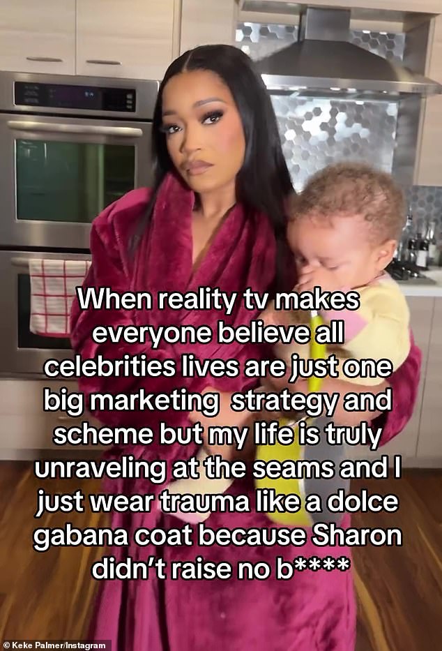 Keke Palmer shared a video on Instagram dressed in a maroon robe and with her nine-month-old son Leodis in her kitchen